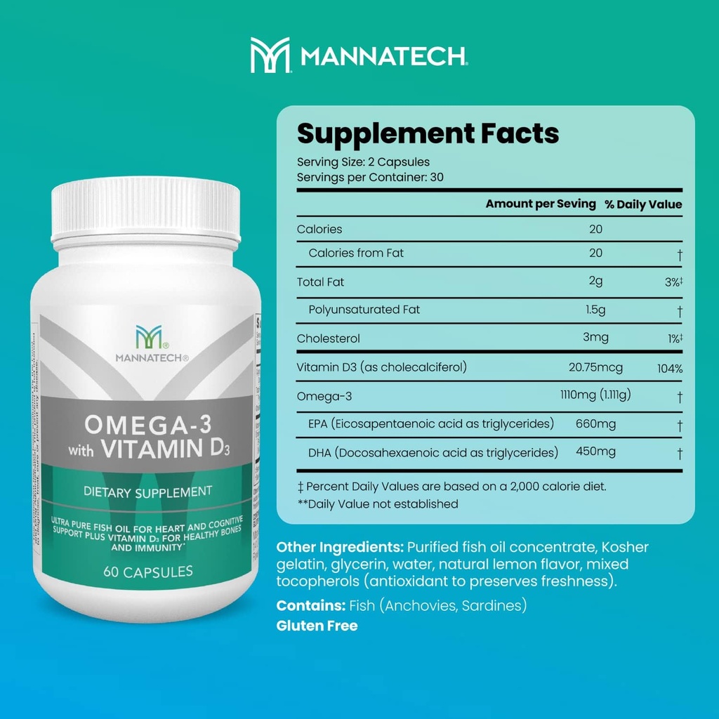 Mannatech Omega-3, D3 ile Bone, Heart Health ve Cognitive Support için, Pure Fish Oil