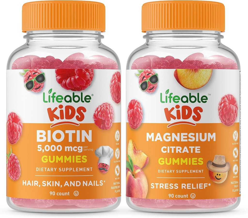 Ζώσιμα παιδιά βιοτίνης + Μαγνήσιο Citrate Kids, Gummies Bundle - μεγάλη γεύση, συμπλήρωμα βιταμίνης, χωρίς γλουτένη, GMO δωρεάν, μασώμενη κοιλιά