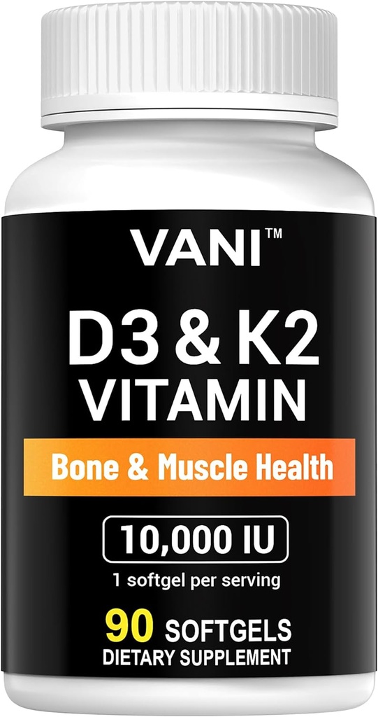 VANI Vitaminleri D3 (10000iu/250mcg) + K2 (Mk7), Bone & Muscle & Diş Sağlığı için 90 SOFTGELS