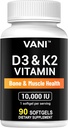 VANI Vitaminleri D3 (10000iu/250mcg) + K2 (Mk7), Bone & Muscle & Diş Sağlığı için 90 SOFTGELS