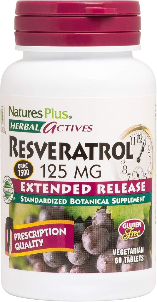 Natures Plus Herbal Actives Resveratrol, Genişletilmiş Yayın - 125 mg, 60 Vejetaryen Tablet - Gluten-Free - 30 Hizmet