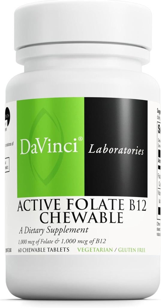 DAVINCI Labs Active Folate B12 Chewable - Συμπλήρωμα διατροφής για την υποστήριξη της υγείας της καρδιάς, υγιή νεύρα, ανοσοποιητική λειτουργία και παραγωγή ενέργειας* - με Folate και βιταμίνη B12-60 Μασώμενα δισκία
