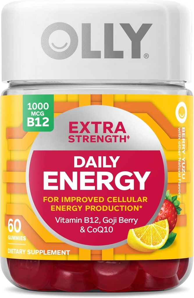 OLLY Extra Strength Daily Energy Gummy, Caffeine Free, 1000mcg B12, CoQ10, Goji Berry, Yetişkin Chewable Supplement, Berry Yuzu Flavor - 60 Count Count Count Count
