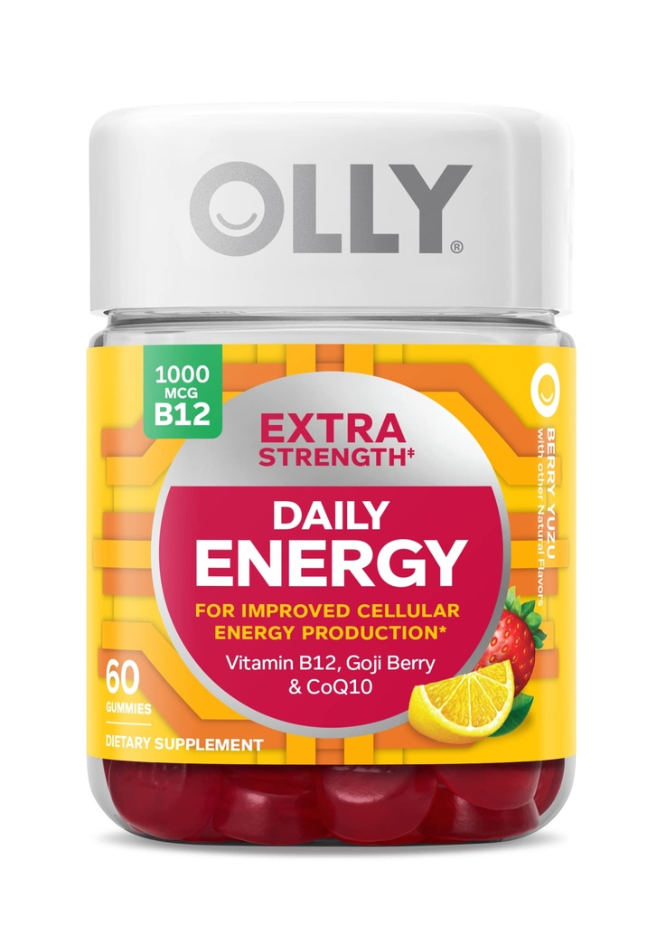 OLLY Extra Strength Daily Energy Gummy, Caffeine Free, 1000mcg B12, CoQ10, Goji Berry, Yetişkin Chewable Supplement, Berry Yuzu Flavor - 60 Count Count Count Count