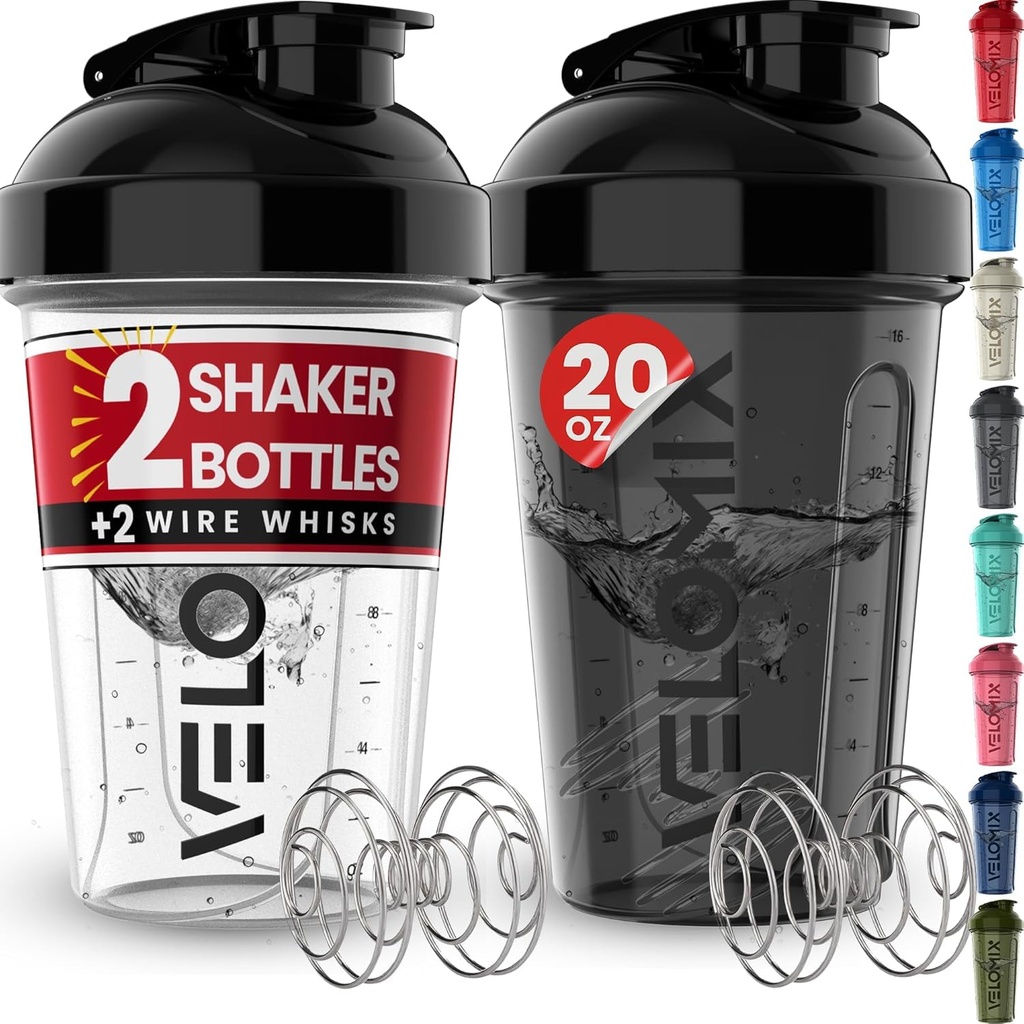 VELOMIX -2 Pack- 20 oz protein Mixer Şişeler - 2 Wirex Whisk | Protein Shakes ve Pre Workout | Protein Shaker Şişe Paketi (Black/Transmain)
