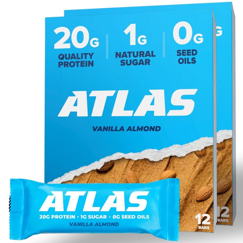 Atlas protein Bar – 20g Clean protein, 1g Natural Sugar, No Seed Oils, Gluten Free, No Yapay Sweeteners - Vanilla Almond 24 Count