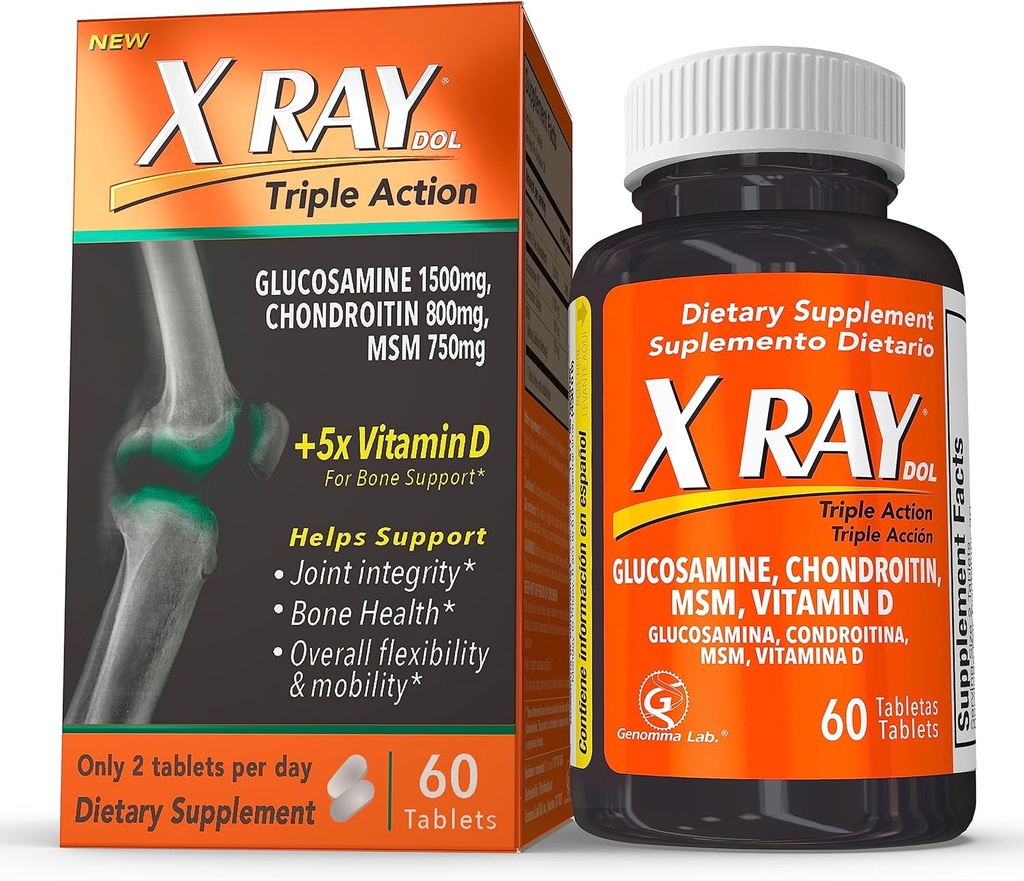 X Ray Dol Triple Action Κοινή Υποστήριξη Συμπλήρωμα με Γλυκοσαμίνη 1500mg, Χονδροϊτίνη 800mg, MSM 750mg και 5X Βιταμίνη D για υγιείς αρθρώσεις, οστά & Cartilage - 60 κόμη ανά φιάλη - 1 συσκευασία