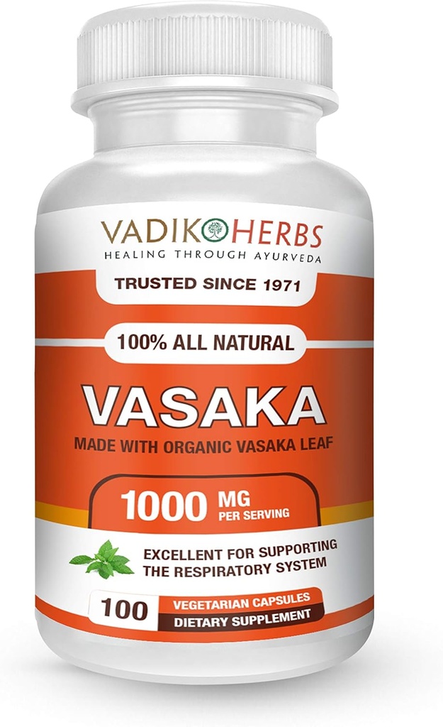 Vadik Herbs sertifikalı Organik Vasak | Vasaka (Justicia adhatoda) Toz | 100 vegicaps | ABD Güvenlik Test Edilmiş | Lungs ve sağlıklı Respiration (100 Vegicaps)