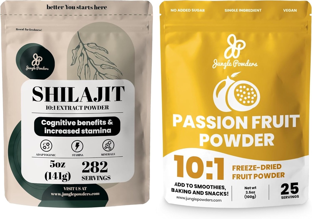 Jungle Powders Premium Duo: 5oz Raw Shilajit & 3,5oz Πάθος Φρούτα Σκόνη - Ανδρική Ενεργειακή Υποστήριξη, Ανοσοποιητικό Ενίσχυση, με Παγωμένη Αποξηραμένη Πάθος Φρούτα Σκόνη για Ψήσιμο, Smoothies, Πρόσθετο-Free Extract