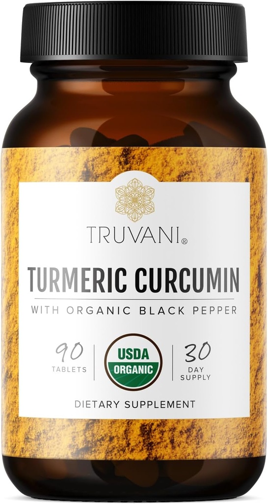 Truvani Organic Turmeric Curcumin Tablets 1.350 mg Κάθε - Φυσική Κοινή Υποστήριξη με Μαύρο Πιπέρι για Απορρόφηση - 90 Δισκία