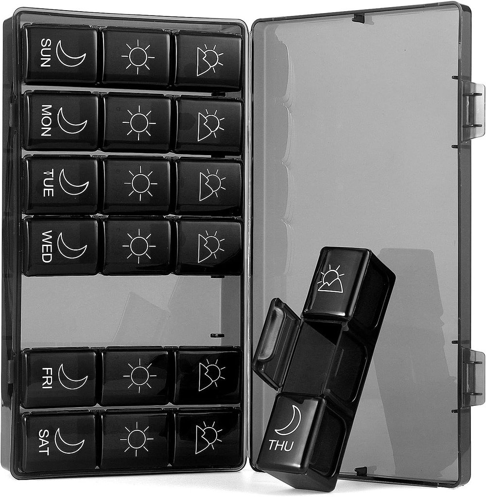Haftalık Pill Organizer 7 Gün 3 Times, Portreatif Pill Organizer, Honda Free Pill Case, Travel Daily Pill Box Hatırlatıcı, Vitaminler için Organize Edilen İlaçlar, Supplements (Black1)