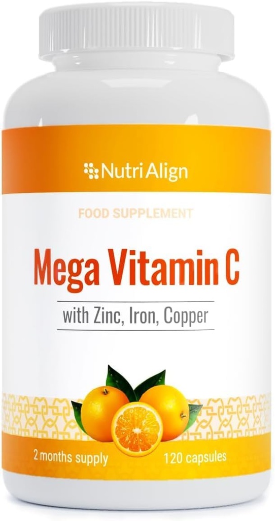 Nutri-Align Mega Vitamin C | 120 Yüksek Güç Vitamini C 1000 mg Capsules - C ve çinko, Iron & Copper Supplement | VIT C Supplements | Gluten & Sugar Free | Güçlü Antioksidan