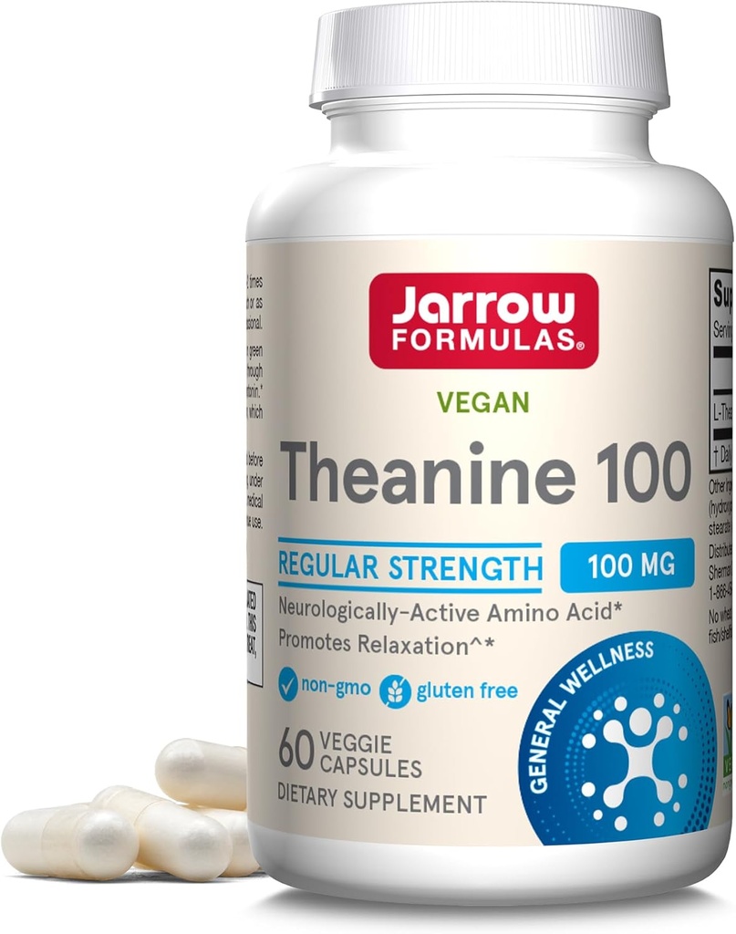 Jarrow Formulas Ekstra Güçlü Theanine 200 mg & Regular Strength Theanine 100 mg Relaxation Support Capsules Sche, 120 Veggie Capsules
