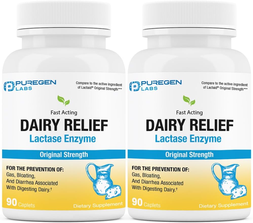 Puregen Labs Dairy Relief Φυσικό εύθραυστο ένζυμο Lactase 3000 FCC, χάπια δυσανεξίας λακτόζης 2 Pack - 180 Caplets Σύνολο