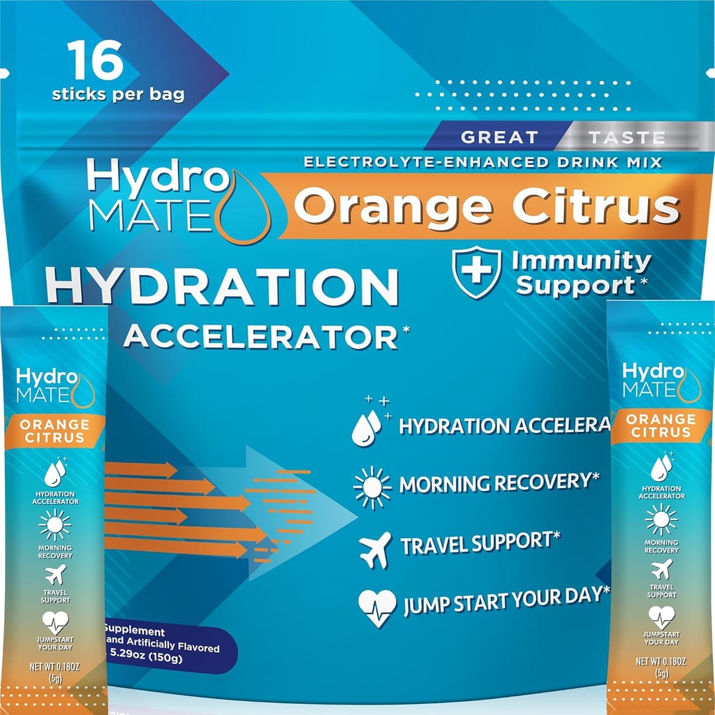 HidroMATE Electrolytes Toz Low Sugar ile - 16 Instant Hydration Packets with Vitamin C Orange to Boost Energy - Low Sugar Electrolytes Toz Packets to Support Hydration for Fast Party Recovery