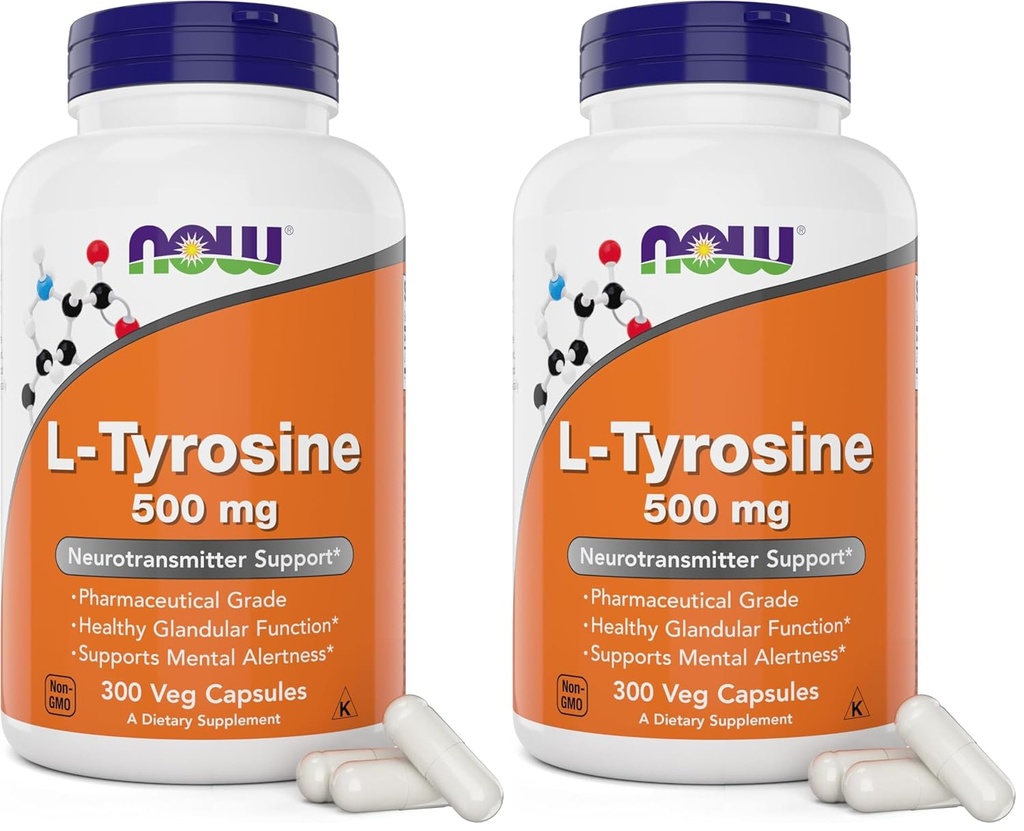 NOW Foods L-Τυροσίνη 500mg, 300 Κάψουλες - Μη ΓΤΟ - Υποστηρίζει ψυχική εγρήγορση - 500 mg Caps - Δωρεάν συμπλήρωμα φόρμας (Pack of 2)