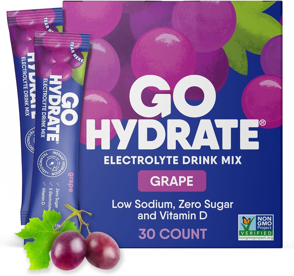 GoHydrate Instant Hydration Toz Paketleri - Low sodyum Electrolytes Drink Mix - Natural Hydration Support, Sugar Free Electrolyte Flavored Toz I Vitamin D, 30 Packs, Grape