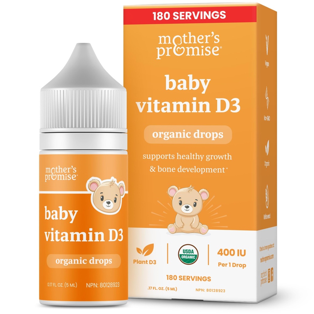 Mother's Promise Organic Baby Vitamin D Drops | 100% Plantive | Sağlıklı Büyüme ve Kemik Gelişimi | Yaş Yeni doğan+ | 180 Servisler | Bebek Vitamin D3 Bebek ve Toddler için Sıvı | Bebekler için 400 IU