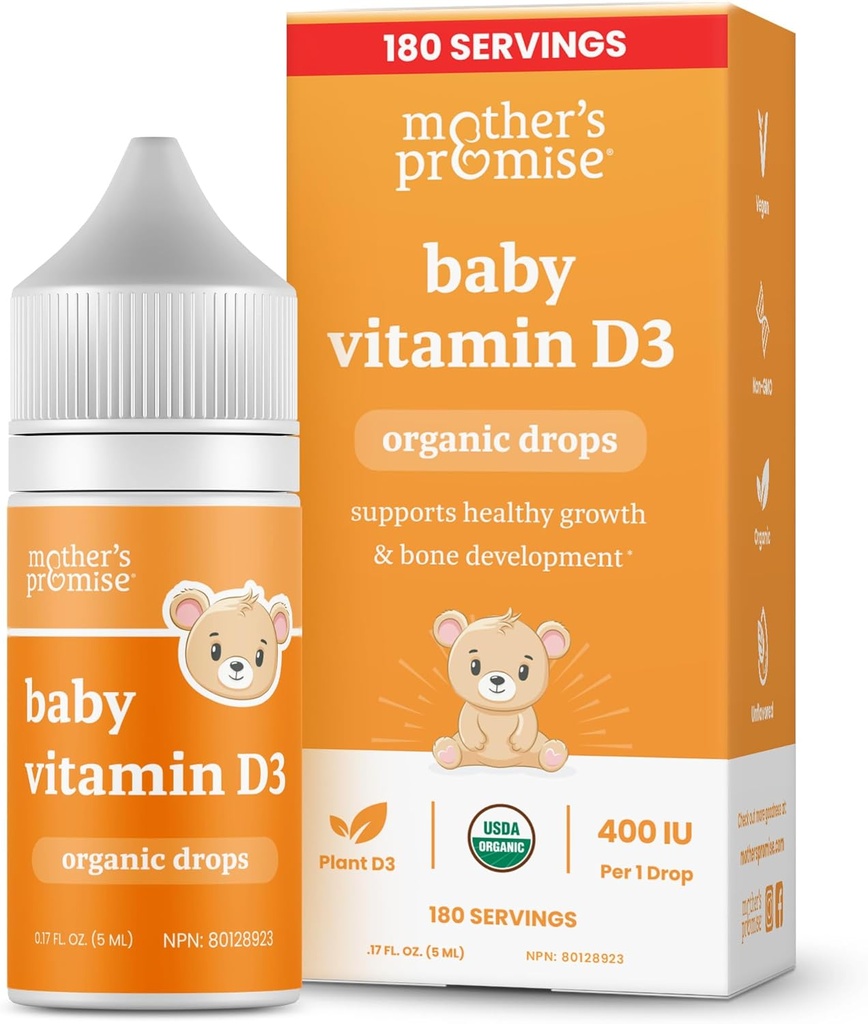 Mother's Promise Organic Baby Vitamin D Drops | 100% Plantive | Sağlıklı Büyüme ve Kemik Gelişimi | Yaş Yeni doğan+ | 180 Servisler | Bebek Vitamin D3 Bebek ve Toddler için Sıvı | Bebekler için 400 IU