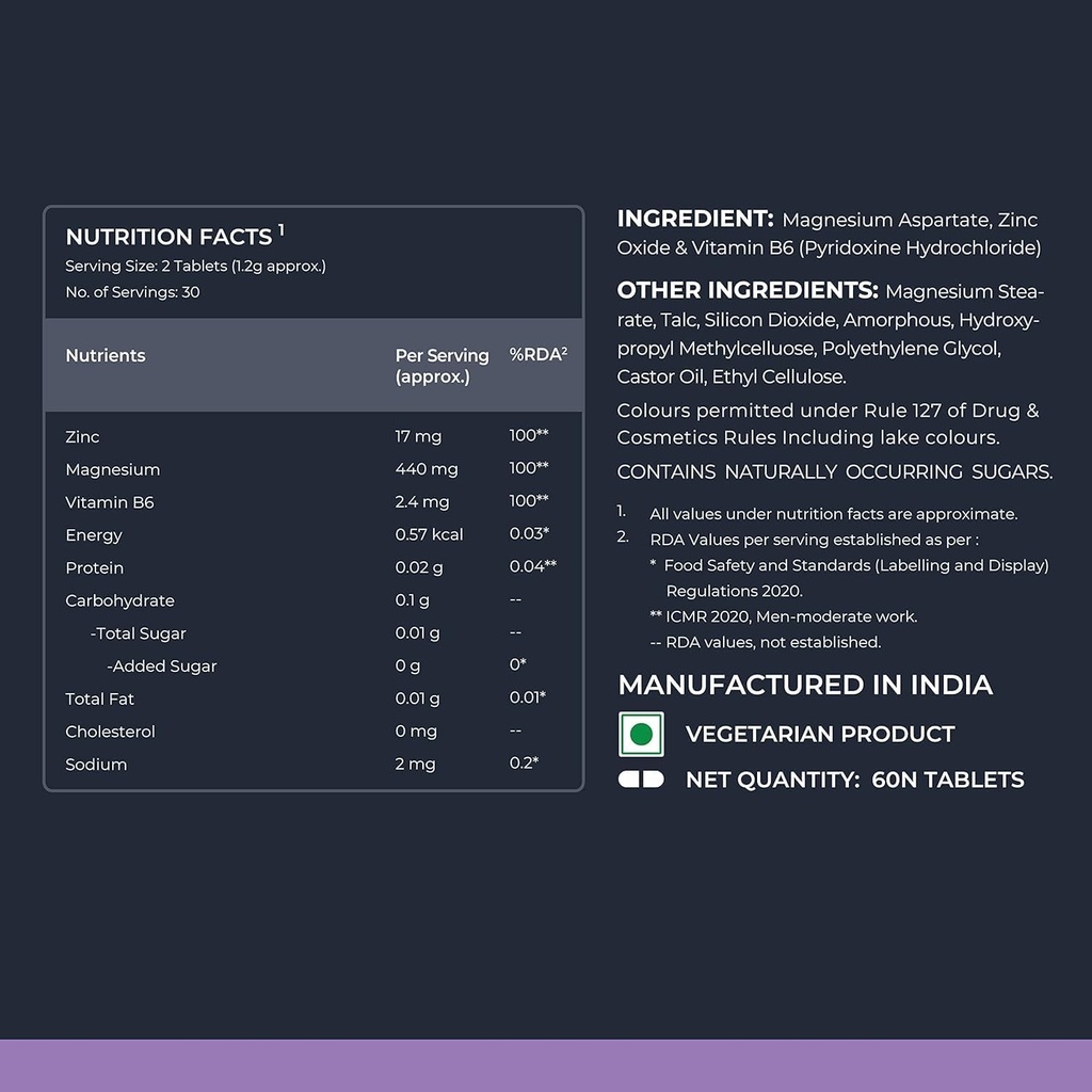 Μαγνήσιο με 100% RDA ψευδάργυρου, ασπαρτικού μαγνησίου και βιταμίνης Β6 - για μυϊκή δύναμη, συμπλήρωμα για άνδρες και γυναίκες - 60 Veg δισκία