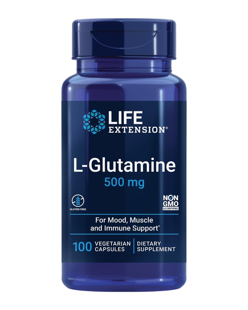 Life Extension L-Glutamine, 500 mg L-glutamine, Amino Asit, Supports Muscle Health and Immune Health, Gluten-Free, Non-GMO, 100 Vegetarian Capsules