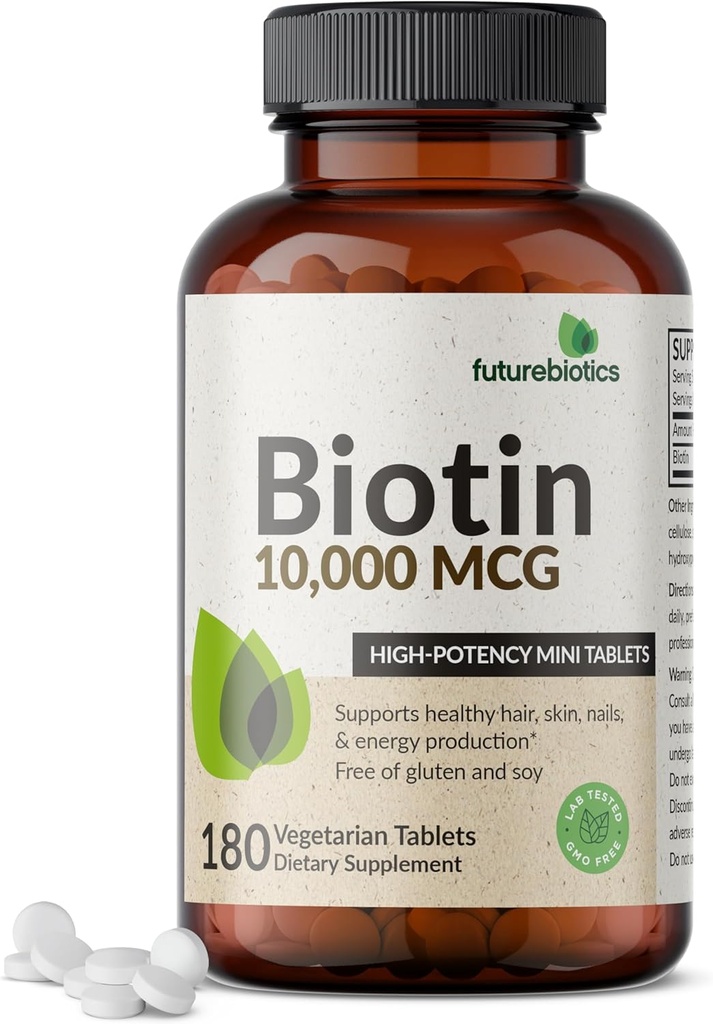 Futurebiyotiks Biotin 10.000 MCG Yüksek Potency Tabletleri Sağlıklı Saç, Skin & Nails & Energy Production, Non-GMO, 180 Vegetarian Tabletler