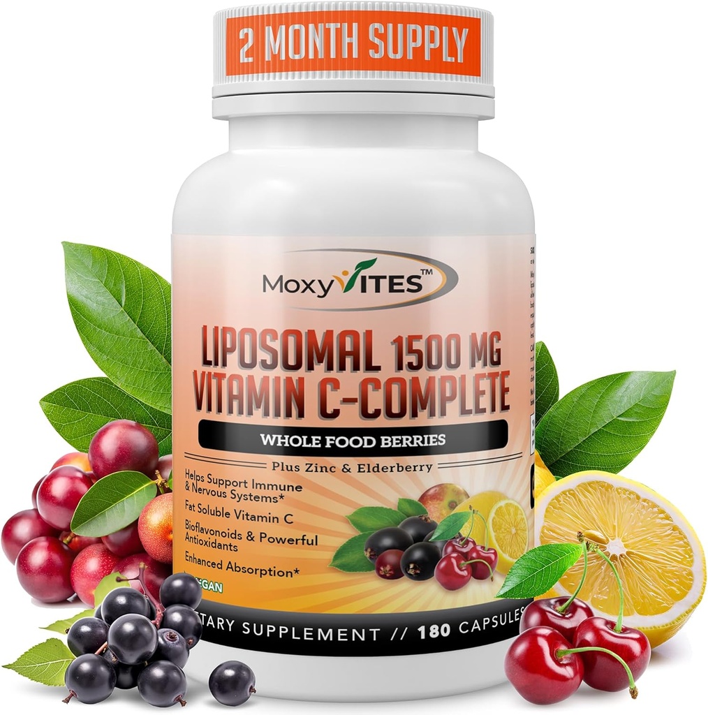 Λιποσωμική βιταμίνη C με κάψουλες ψευδάργυρου - Vit C οργανικά Elderberry, Amla, Camu Camu- Βιταμίνη C υψηλή απορρόφηση, κατά της γήρανσης, ανοσοποιητική υποστήριξη,1500mg/Serving 3 μήνες προσφοράς χωρίς γλουτένη NON GMO Veggie Caps