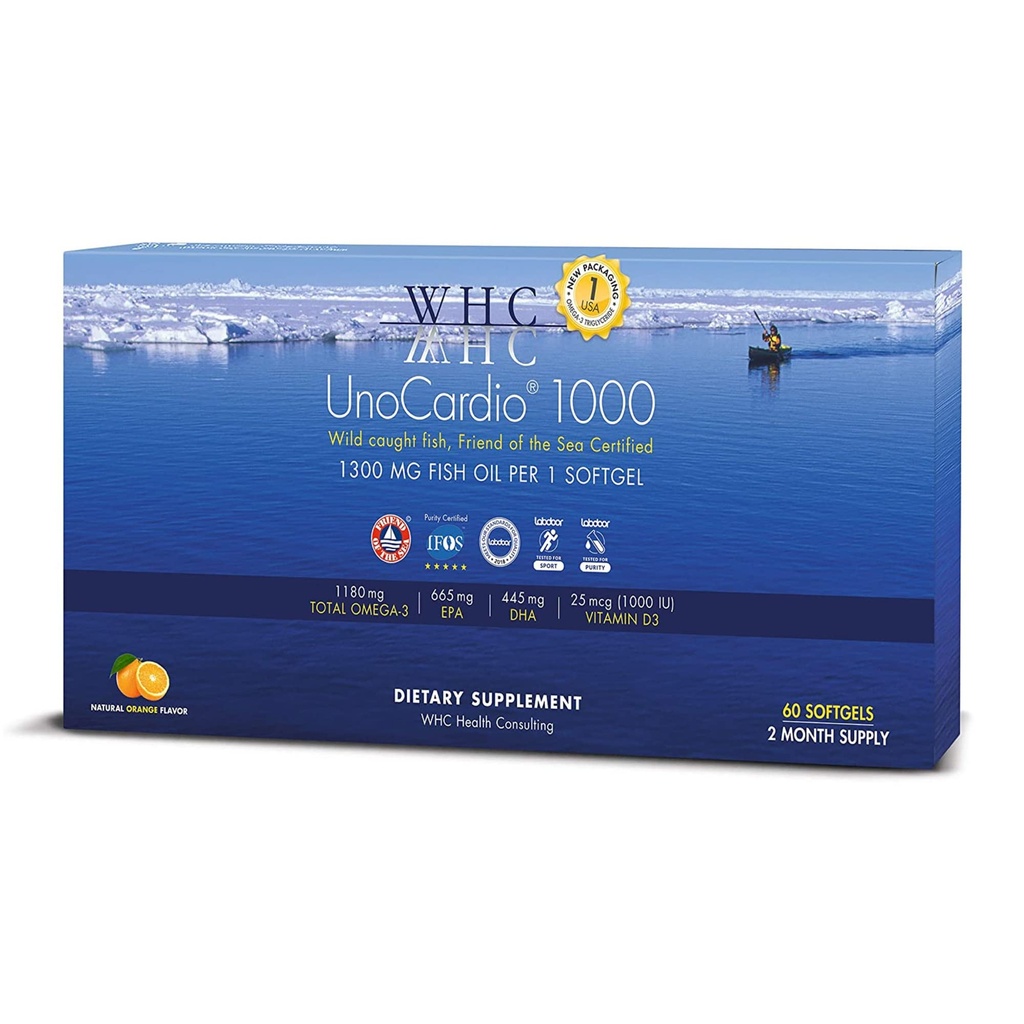 WHC, UnoCardio 1000 Fish Oil, 1300 mg of Pure Triglyceride Fish Oil with Omega-3 (1180 mg), 665 mg EPA ve 445 mg DHA ve 25 mcg (1000 IU) Vitamin D3 yumuşakgel, Doğal Orange, 60 softgels