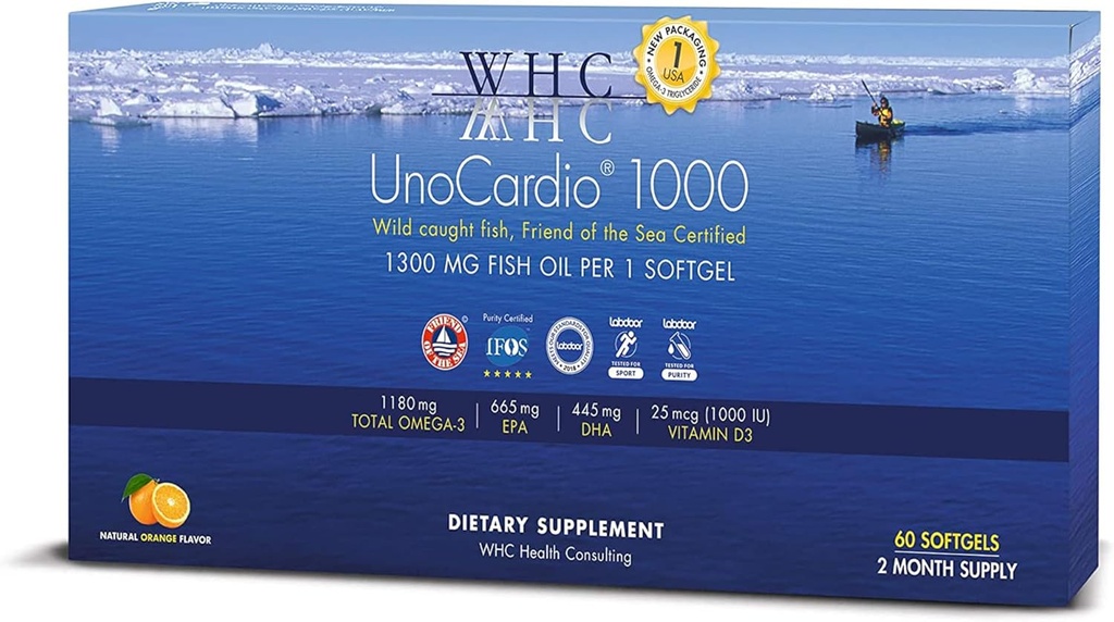 WHC, UnoCardio 1000 Fish Oil, 1300 mg of Pure Triglyceride Fish Oil with Omega-3 (1180 mg), 665 mg EPA ve 445 mg DHA ve 25 mcg (1000 IU) Vitamin D3 yumuşakgel, Doğal Orange, 60 softgels
