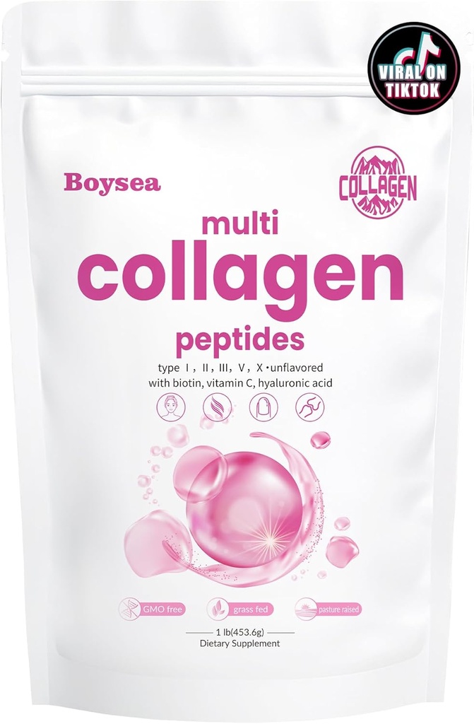 Boysea. Multi-Collagen Powder Toz - Hydrolyzed Protein Peptide Tipleri I, II, III, V, X with Biotin & Vitamin C, Supports Skin, Hair, Nail, and Joint, Unflavored, Non-GMO, Gluten-Free, Easy Mix 1LBB