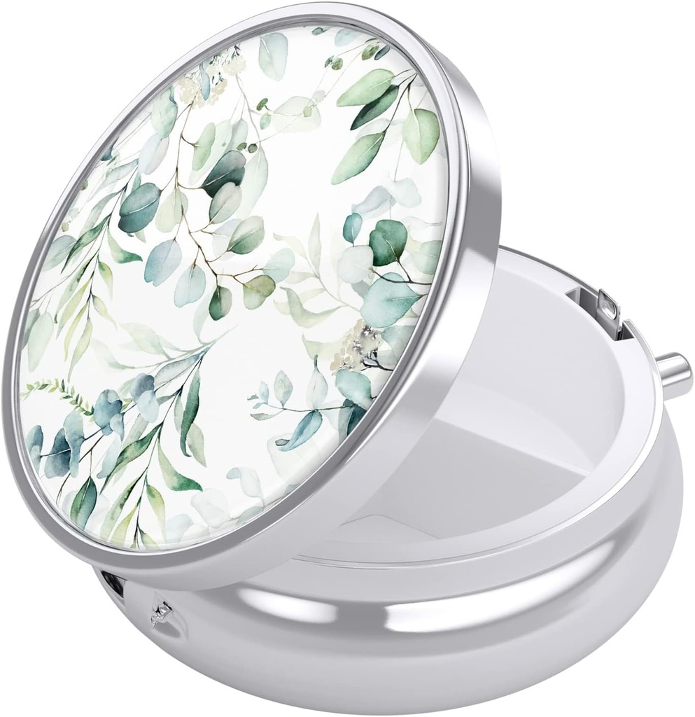 Nipichsha Pill Box, Small Pill Case for Purse & Pocket, Cute Travel Medicine Organizer, Portable Medicine Container Holder to Hold Vitamins, Medication, Fish Oil & Supplement, Eucalyptus Leaf