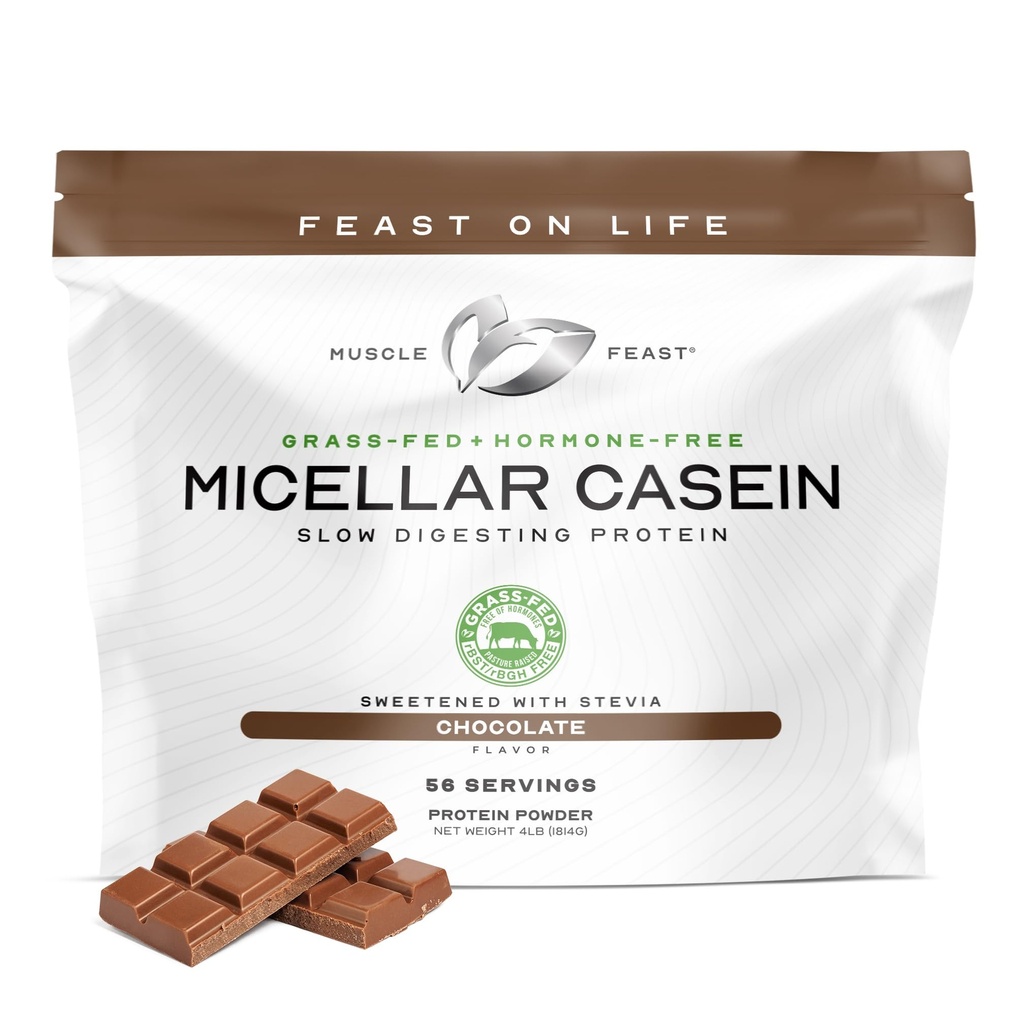 Muscle Feast Grass Fed Micellar Casein Protein Powder, Pasture Raised & Hormone Free, Slow Digesting Casein Protein - Supports Overnight Muscle Recovery, Gluten Free Protein Powder - Chocolate, 4lb
