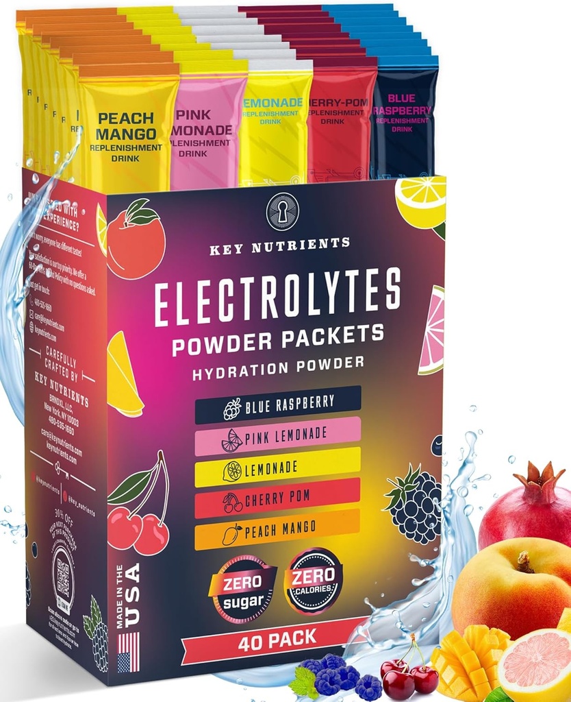 KEY NUTRIENTS 40 Pack Multivitamin Hydration Packets - 5 Delicious Flavors - Elektrolytes Toz Paketi No Sugar - No Calories, Gluten Free, Keto - 40 Hizmet - ABD'de Yapıldı