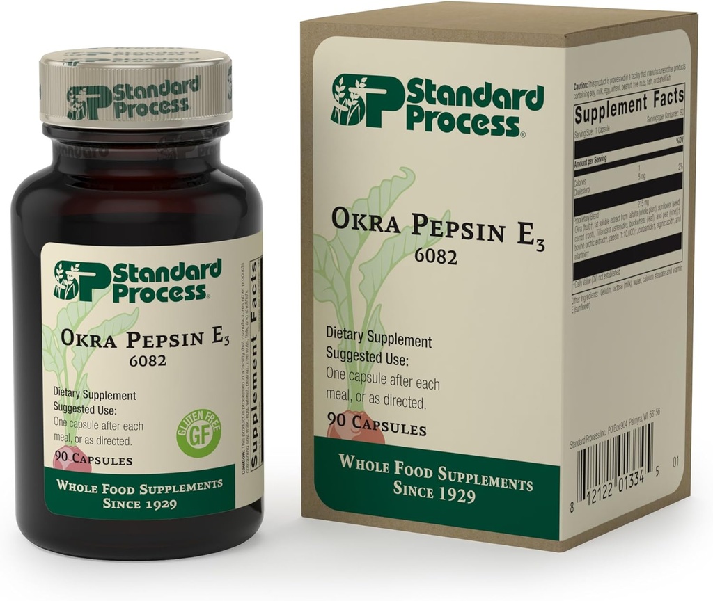Τυποποιημένη διαδικασία - Okra Pepsin E3 - συμπλήρωμα υποστήριξης εντερικής λειτουργίας, Okra, Buckwheat, Gluten Free - 90 κάψουλες