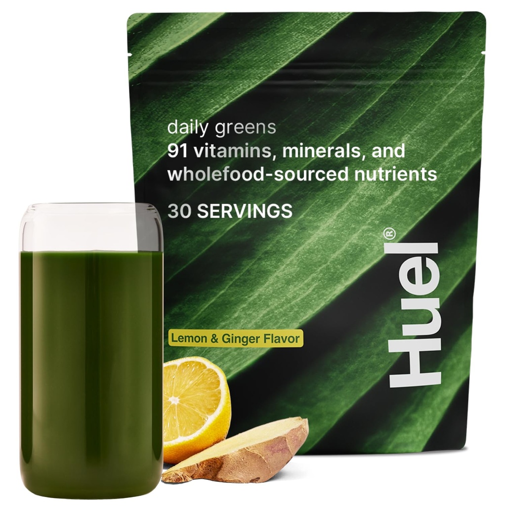 Huel Daily Greens Lemon & Ginger | Superfood Greens Toz | 91 Vitamin, Mineraller ve Tüm gıda kaynakları Kaynaklanmış Malzemeler | Adaptogens, Antioksis, Gut-Friendly Probiyotiks | 30 Hizmet
