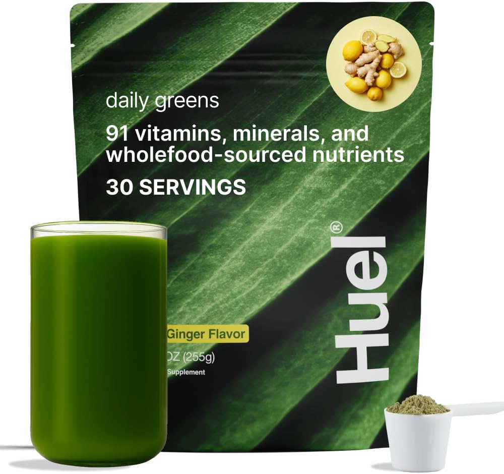 Huel Daily Greens Lemon & Ginger | Superfood Greens Toz | 91 Vitamin, Mineraller ve Tüm gıda kaynakları Kaynaklanmış Malzemeler | Adaptogens, Antioksis, Gut-Friendly Probiyotiks | 30 Hizmet
