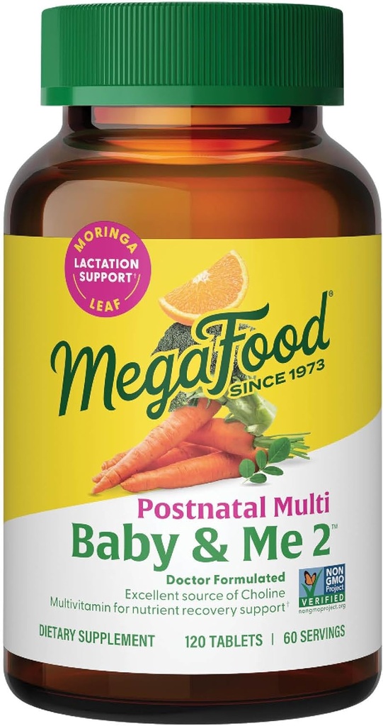 MegaFood Baby & Me 2 Postnatal Vitaminler Kadınlar için Folate (Folic Acid Natural Form), Choline, Iodine, Vitamin D, Moringa Leaf ve More - 120 Tabs (60 Hizmet)