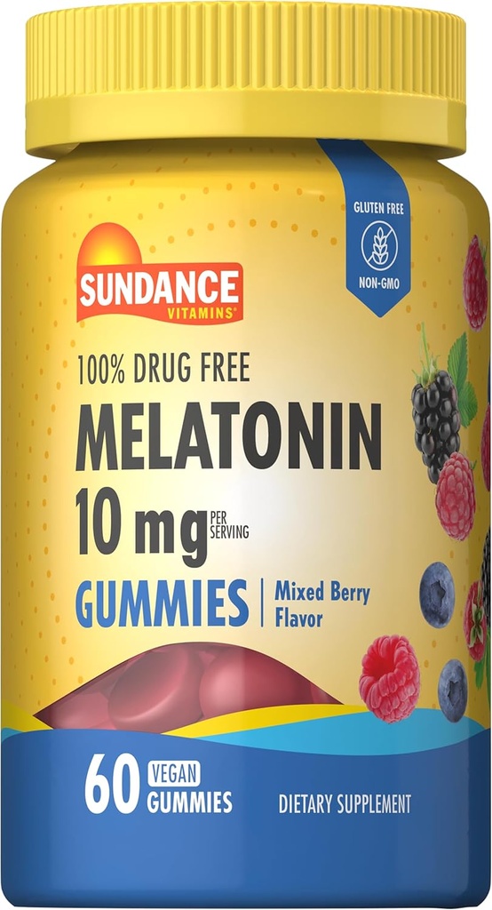 Sundance Melatonin 10mg Gummies for Yetişkinler | 60 Kont | Karma Berry Flavor | Vegan, Non-GMO ve Gluten Free Supplement Supplement Supplement