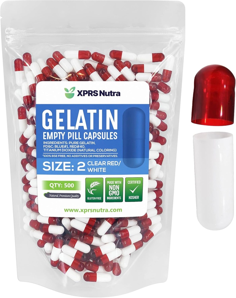 XPRS Nutra Boyutu 2 Boş Kapsüller - 500 Kont Boş Gelatin Capsules - Pills DIY Capsule - Pure Bovine Pill Gel Caps For Do-It- Yourself Supplements (Clear Red/White)