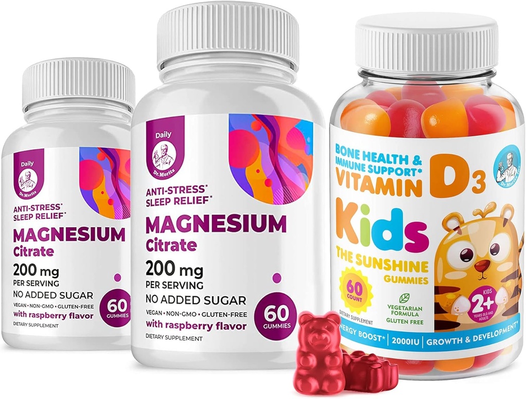 Çocuklar için D Gummies &Adults 2000 IU ve Magnezyum Gummies - sağlıklı Vitamin D3 Supplements 1000IU - Vejetary Gelatin-Free Immune Support with Sugar-Free Magnezyum Calm Chews for Kids&Adults