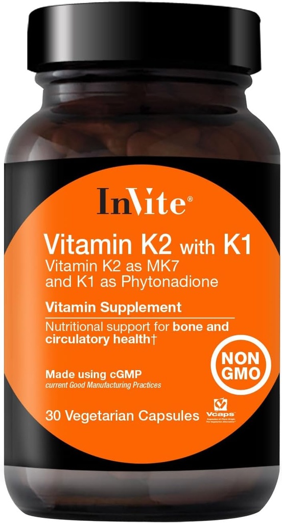 Invite Health Vitamin K2 with K1 - Supports Bone and Circulatory Health - Vitamin K2 as MK7 and K1 and Phytonadione - 30 Vegetarian Capsules