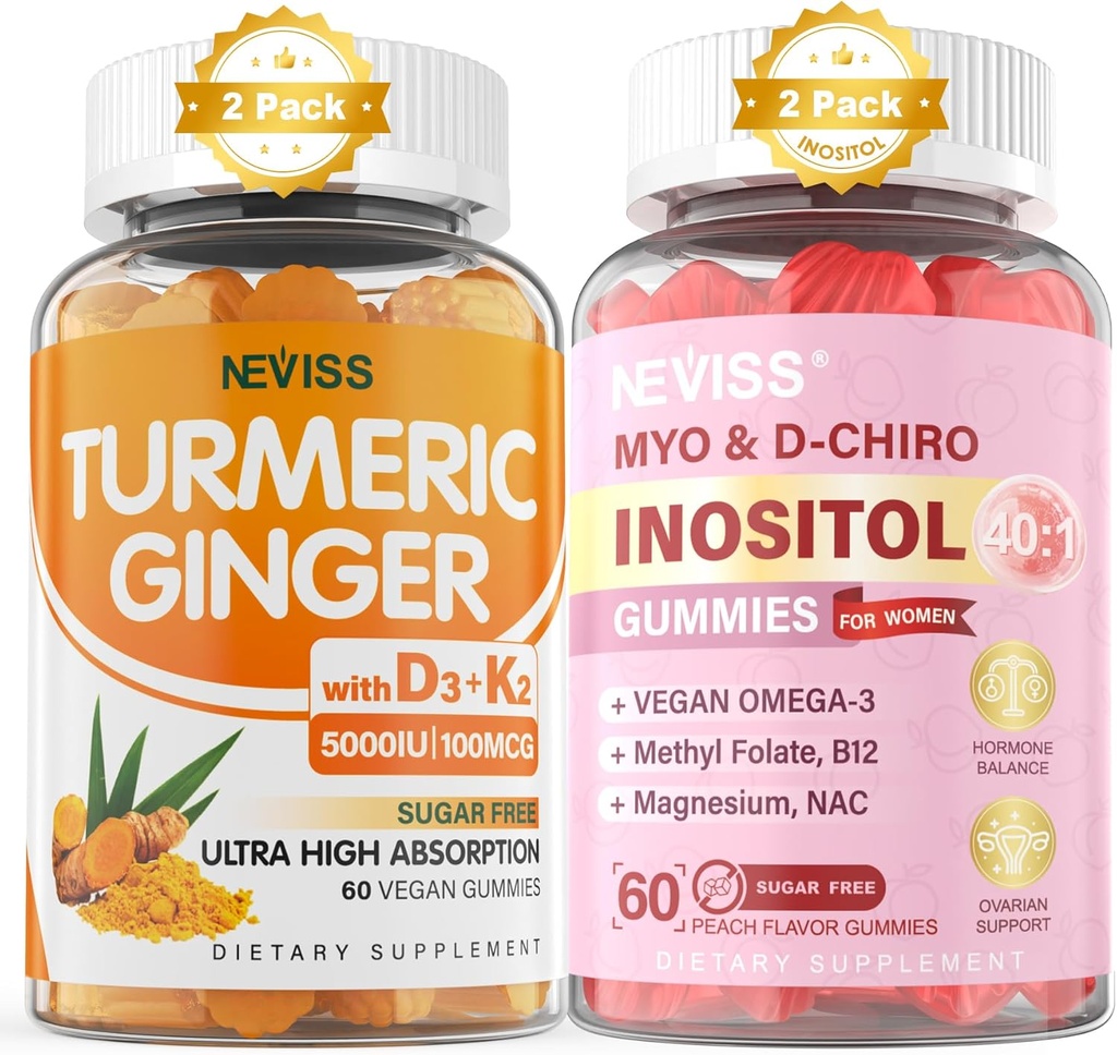 Sugar Free 2Pack Turmeric Ginger Gummies & 2Pack Myo-Inositol & D-Chiro Inositol Gummies