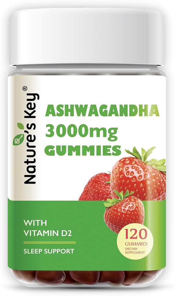 Nature's Key Ashwagandha Gummies, High Potency Ashwagandha Root Extract with Vitamin D2, for Men & Women, Stress, Calm Mood & Cognition, Strawberry Flavor (120 Kont)