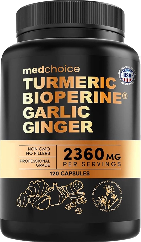 4-in-1 Turmeric and Garlic Supplements with BioPerine – 2360mg Turmeric Ginger Root Capsules with Garlic – High Potency Herbal Blend (120 ct)