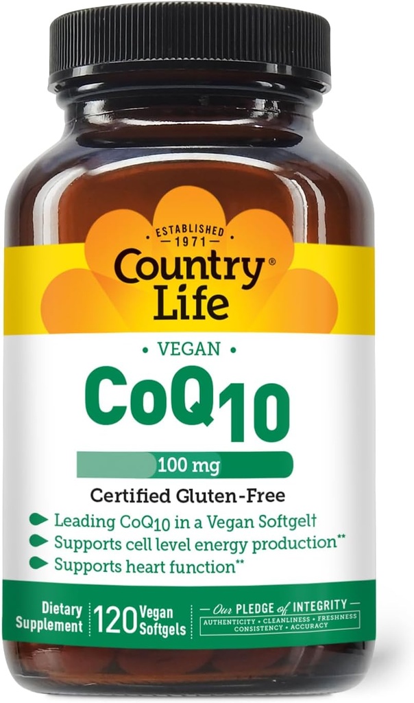 Country Life Just CoQ10, Supports Heart Function, 100 mg, 120 Softgels, sertifikalı Gluten Free, sertifikalı Vegan...