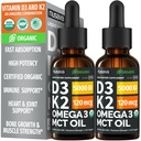 (2 Pack) Organic Vitamin D3 K2 Drops with MCT Oil Omega 3, 5000 IU — Liquid D3, No Fillers, Non-GMO, Immune Support (Unflavored, 2 Fl Oz)