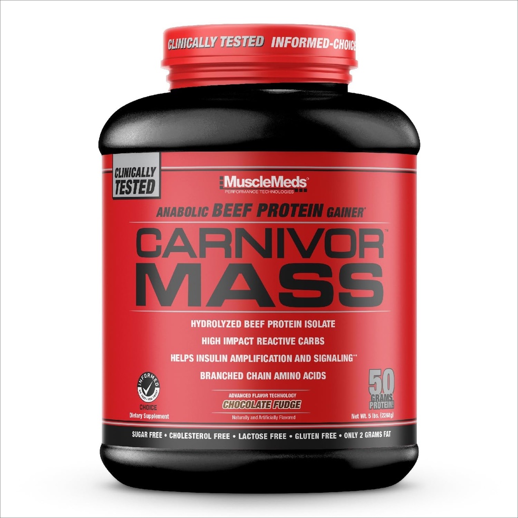 KasMeds CARNIVOR Mass Winer Beef Protein Isolate Shake, 50 Grams Protein, 125 Grams Carbs, 0 Fat, 0 Sugar, Lactose Free, Chocolate Fudge, 5 Pound
