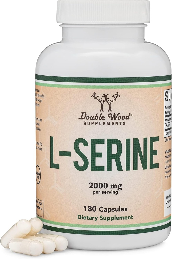 L-Serine Capsules (Third Party Tested) - Klinik Çalışmada Kullanılan 2.000 mg Servisleri, 180 Kont, Kapsül başına 500 mg (L Serine Este Acid for Serotonin Production and Brain Support) Double Wood