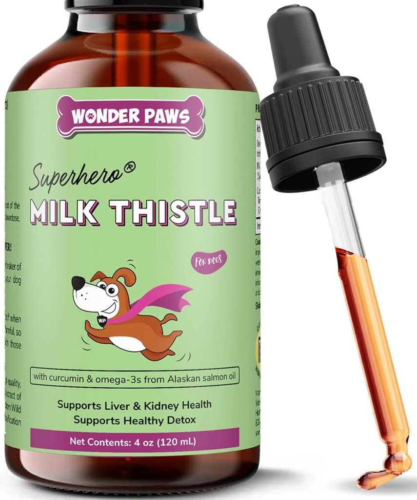 Wonder Paws Milk Thistle, Liver Support for Dogs, Supports Kidney Function for Pets, Detox, Hepatik Destek, Wild Alaskan Salmon Oil & Curcumin, Omega 3 EPA & DHA (4 Oz)