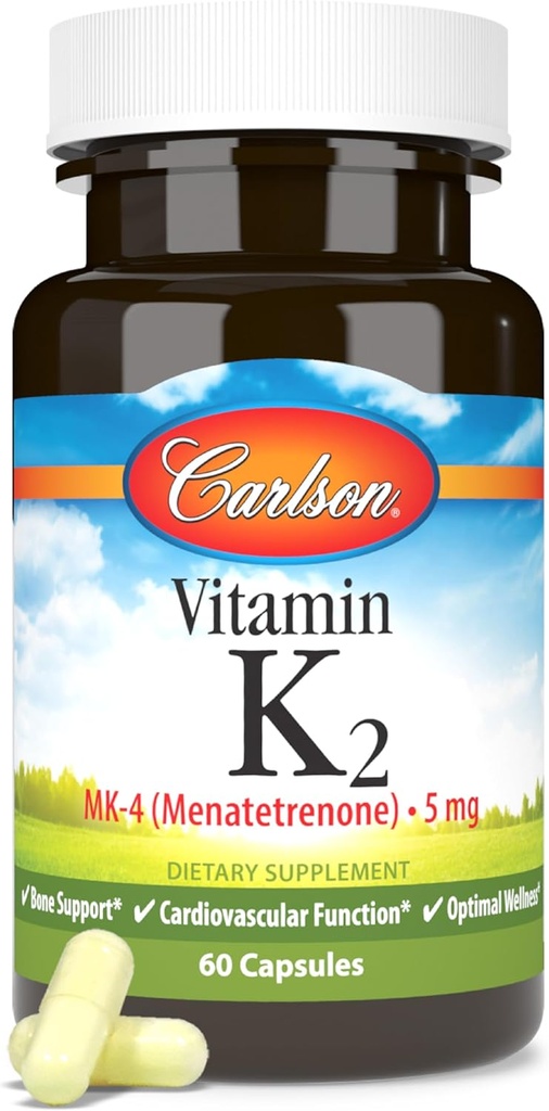 Carlson - Βιταμίνη K2, MK-4 (Μενατερενόνη), Συμπλήρωμα βιταμίνης Κ, Υγεία των οστών και της καρδιάς, K2 Βιταμίνη, χωρίς σόγια, 60 κάψουλες